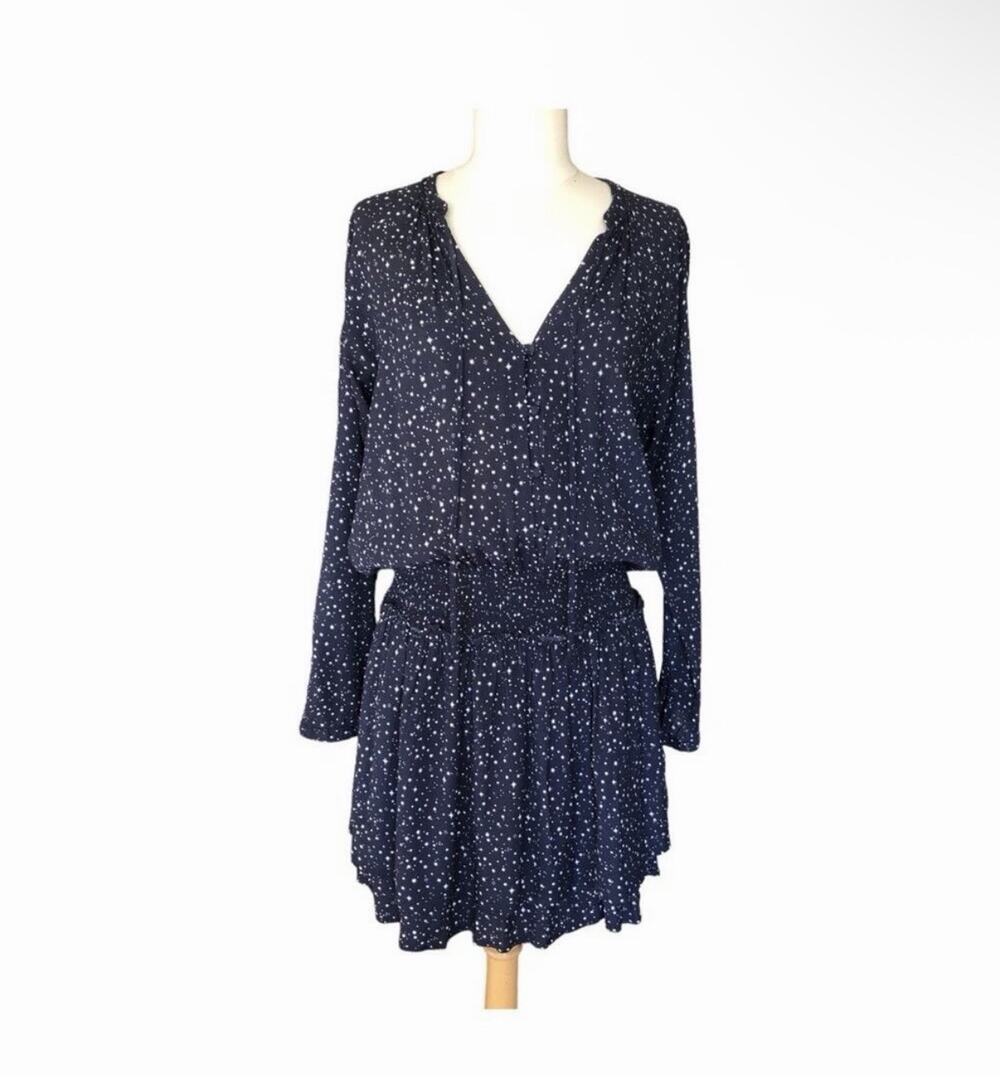 Rails Jasmine Dress Medium Navy Star Print Smocked Waist Long Sleeve Pockets
